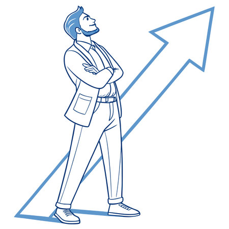 Businessman standing with his arms folded and looking up. Vector illustration.のイラスト素材