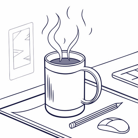 Workplace with laptop and cup of coffee. Doodle style. Vector illustration.のイラスト素材