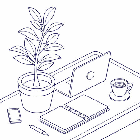Office workplace with laptop, coffee cup and plant. Vector illustration.のイラスト素材