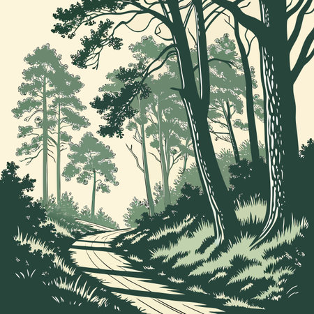 Landscape with a road in the forest. Vector illustration in retro style.のイラスト素材