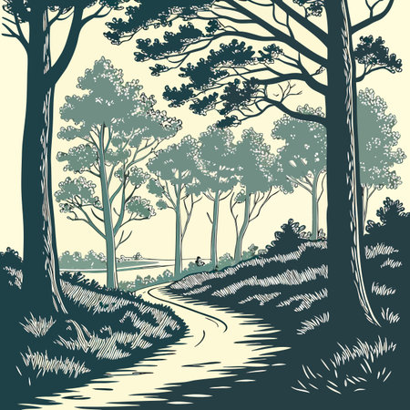 Vector illustration of a road in the forest. Hand drawn sketch style.のイラスト素材
