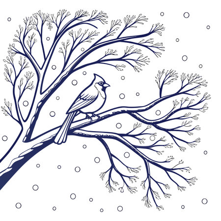Bird sitting on a tree branch in winter. Hand drawn vector illustration.のイラスト素材