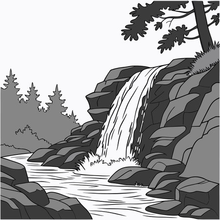 Waterfall in the forest. Vector illustration for your design. Black and whiteのイラスト素材