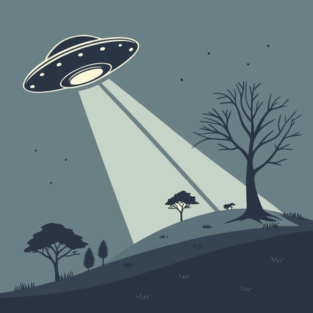 UFO flying over the forest. Vector illustration in flat style.のイラスト素材