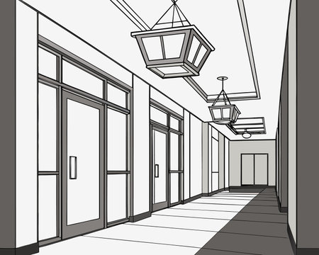 Sketch of a corridor with lamps and lamps. Vector illustrationのイラスト素材
