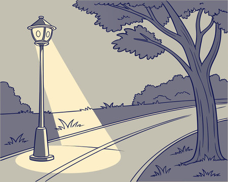 Vector illustration of a street lamp on the road in the park.のイラスト素材