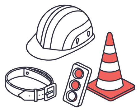 Vector illustration of safety helmet, belt, traffic light, cone. Line art style.のイラスト素材