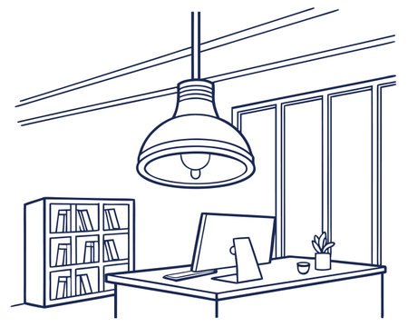 Office workplace with computer and bookshelf. Line art illustration.のイラスト素材