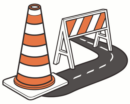 Illustration of a traffic cone and a roadblock on a white backgroundのイラスト素材