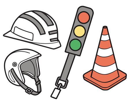 Traffic light, safety helmet and traffic cone. Vector illustration.のイラスト素材