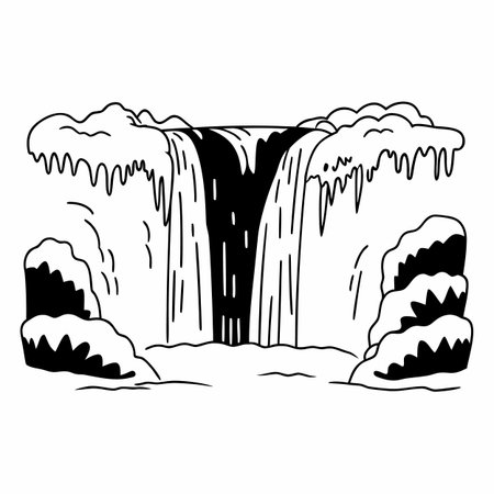 Waterfall in the forest. Black and white vector illustration isolated on white background.のイラスト素材
