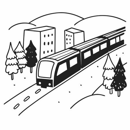 Train on the road with trees. Vector illustration in doodle style.のイラスト素材