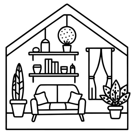 Living room interior with furniture and plants. Vector illustration in line style.のイラスト素材