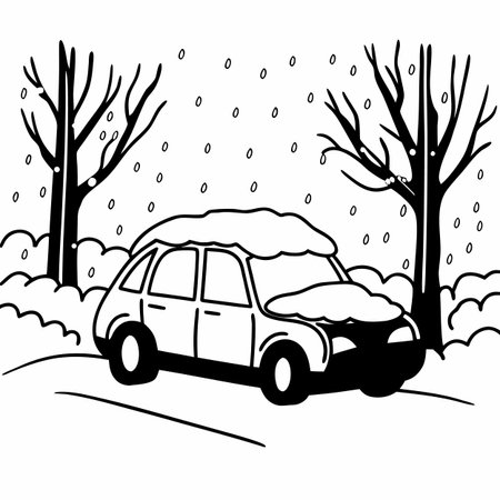 Car in the winter forest. Vector illustration. Black and white.のイラスト素材