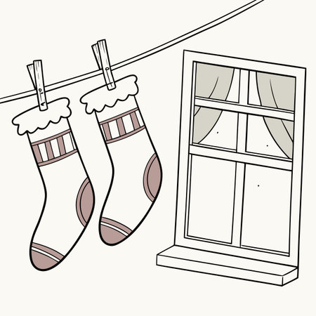 Vector illustration of christmas socks hanging on clothesline with window.のイラスト素材