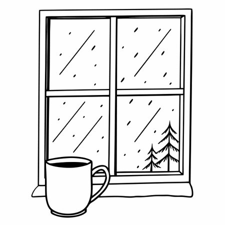 window with cup coffee icon cartoon black and white vector illustration graphic designのイラスト素材