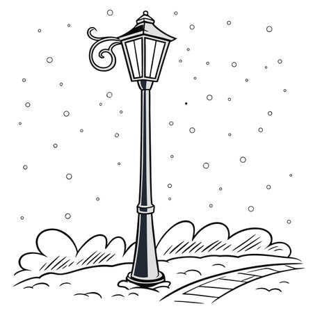 Lamppost in the snow, black and white vector illustrationのイラスト素材