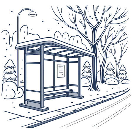 Illustration of a bus stop in the winter park. Vector illustration.のイラスト素材