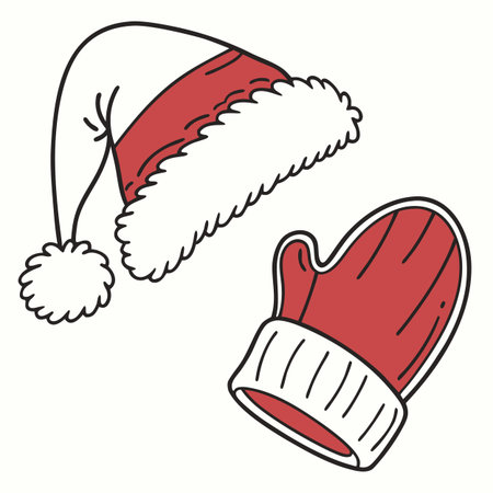 Vector illustration of a red hat and mittens on white background.のイラスト素材
