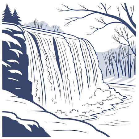 Waterfall on the river. Winter landscape. Vector illustration for designのイラスト素材