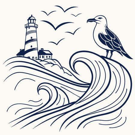 Seagull and lighthouse on the sea. Hand drawn vector illustration.のイラスト素材
