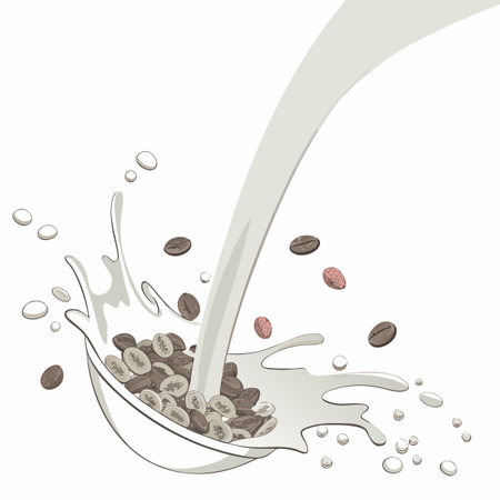 Milk pouring into a bowl with coffee beans. Vector illustration.のイラスト素材