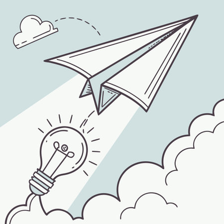 Paper airplane flying in the sky with a lightbulb. Business creative idea concept.のイラスト素材