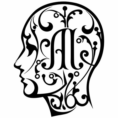 Human head silhouette with letter A. Black and white vector illustration.のイラスト素材