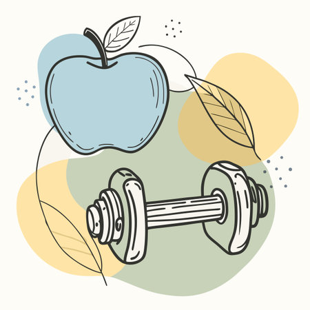 Dumbbell and apple. Hand drawn doodle style vector illustration.のイラスト素材