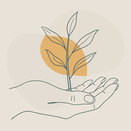 Hand holding a sprout. Vector illustration. Plant in hand.のイラスト素材