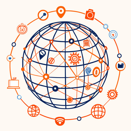 Global network concept. Vector illustration of globe with icons on it.のイラスト素材