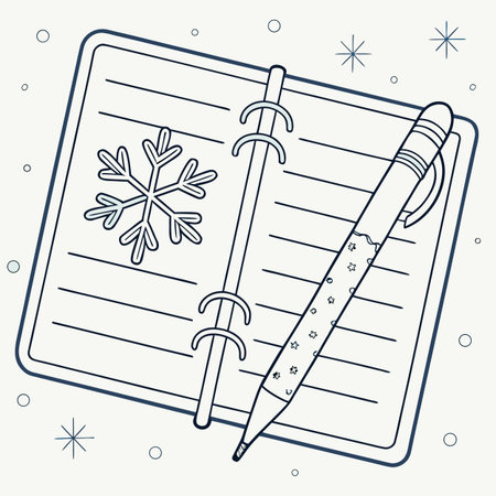 Notebook with pen and snowflakes. Vector illustration in linear style.のイラスト素材