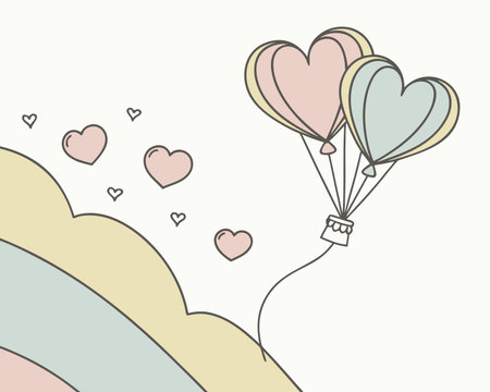 Vector illustration of heart shaped balloons flying in the sky with clouds.のイラスト素材