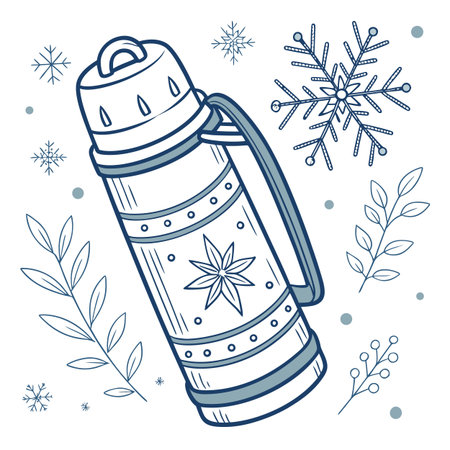 Hand drawn vector doodle illustration of a thermos and snowflakesのイラスト素材