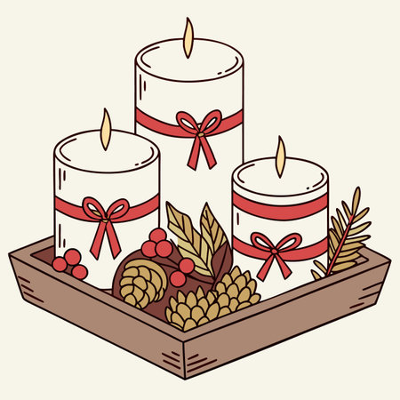 Christmas candles with pine cones and holly berry. Vector illustration.のイラスト素材