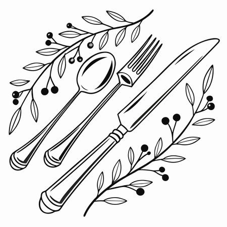 Vintage cutlery set with olive branch, fork and knife. Vector illustration.のイラスト素材