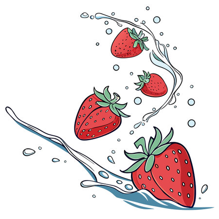 Strawberry with water splashes. Hand drawn vector illustration.のイラスト素材