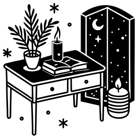 Black and white illustration of a table with a book, candles and a crescent moonのイラスト素材
