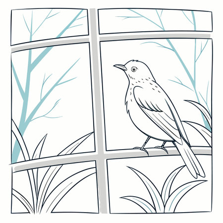 Illustration of a bird on a window sill in the winter forestのイラスト素材
