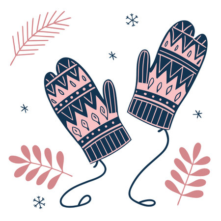 Vector illustration of two knitted mittens with snowflakes.のイラスト素材