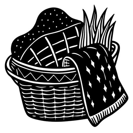 Wicker basket with a napkin. Black and white vector illustration.のイラスト素材