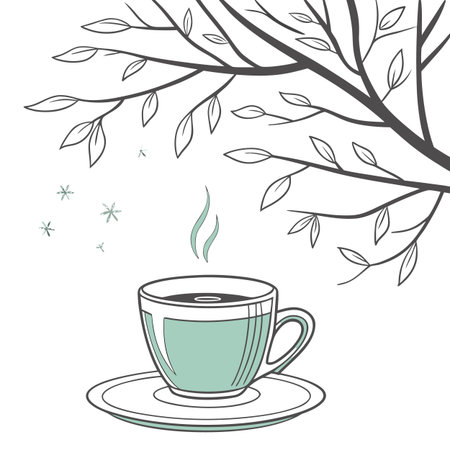 Coffee cup with tree branch and snowflakes. Vector illustration.のイラスト素材