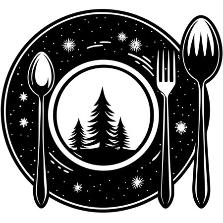 Christmas table place setting with fir tree, spoon and fork. Vector illustration.のイラスト素材