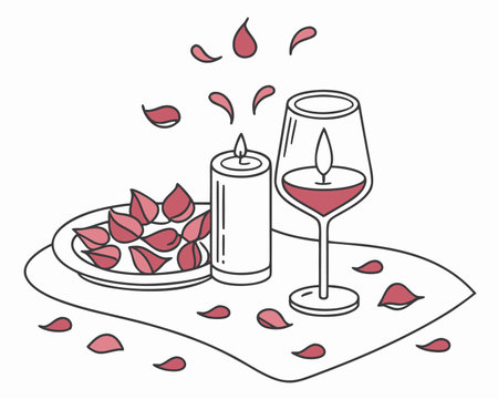 Romantic dinner with rose petals, candles and wine glass. Vector illustration.のイラスト素材