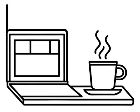 laptop computer with coffee cup on table vector illustration line style iconのイラスト素材
