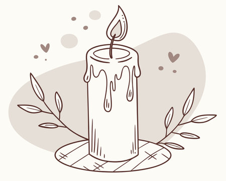 Vector hand drawn doodle illustration of a candle with olive branch and hearts.のイラスト素材