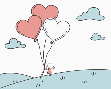 Hand drawn illustration of valentine's day concept. Cute little girl with heart shaped balloons.のイラスト素材