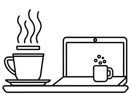 laptop computer with coffee cup and dish vector illustration line style iconのイラスト素材