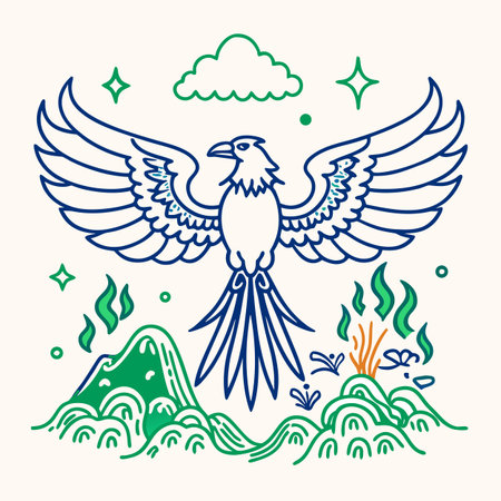Hand drawn vector illustration of an eagle in the sky with clouds. Line art style.のイラスト素材