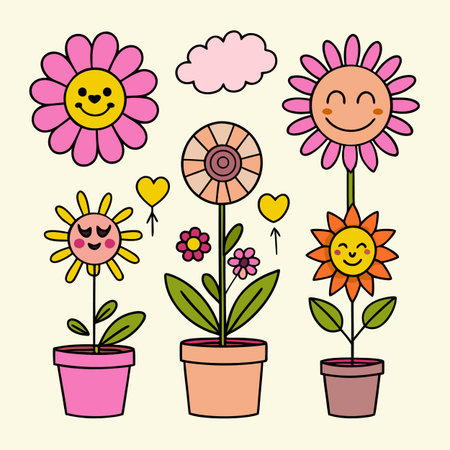 Flowers vector set. Collection of cute flowers in flowerpots.のイラスト素材